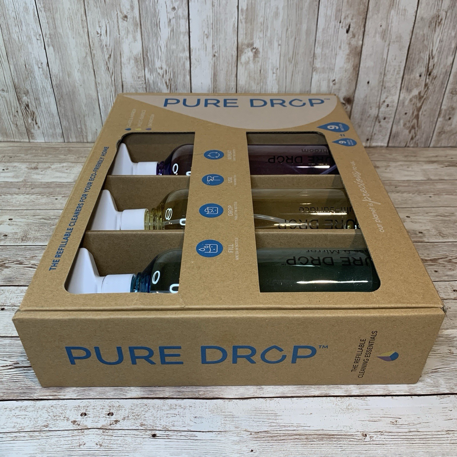 PURE DROP 3 Pack EcoFriendly 26oz Plastic Spray Bottles + 9 Cleaning Tablets NIP