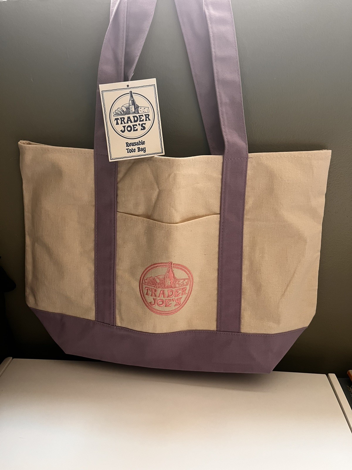 Trader Joe’s Foldable Reusable Tote Bag Beige Purple Solid Plain