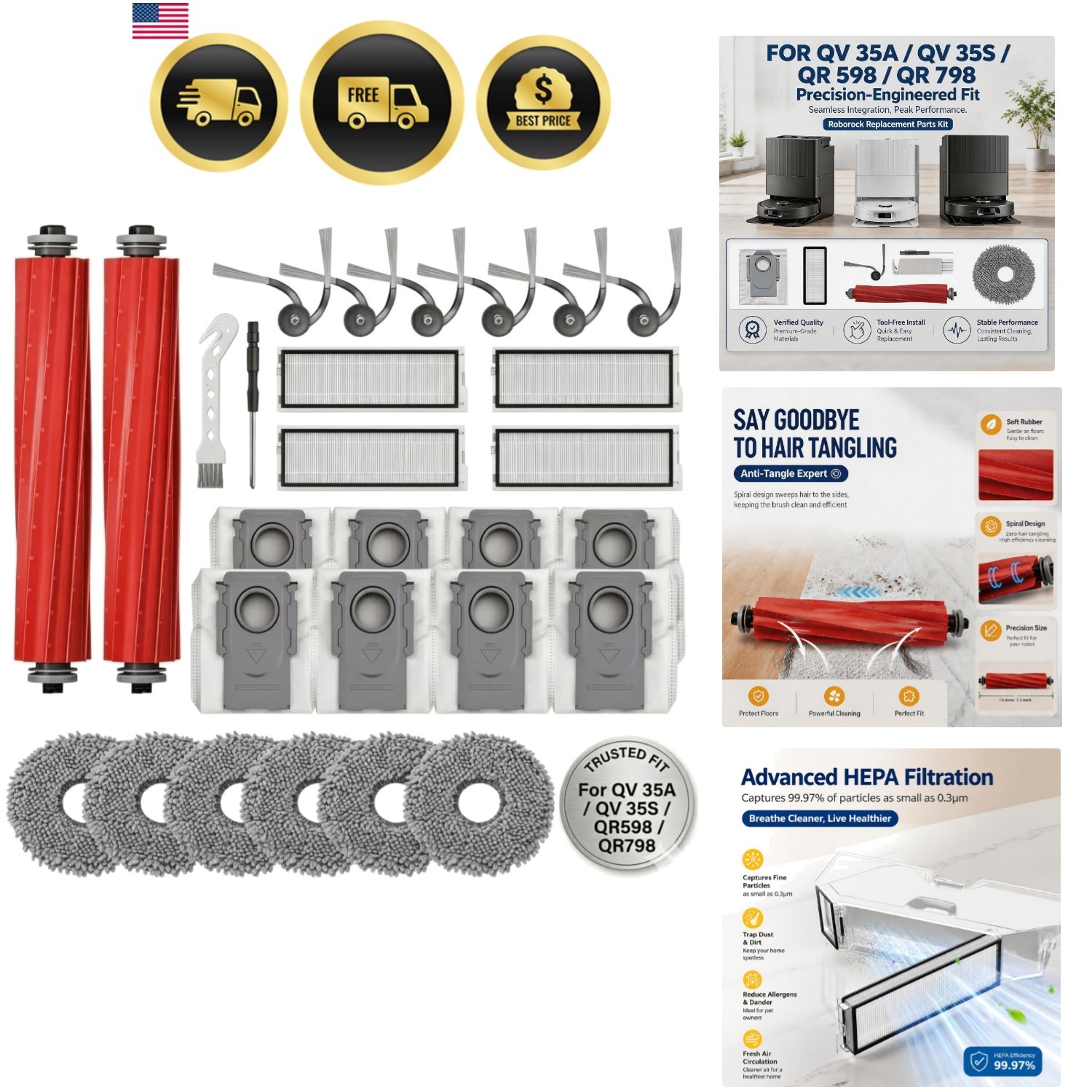 Replacement Parts for Roborock QV35A QV35S Qrevo S Pro, 28 PCS | 2 Rubber Rol…
