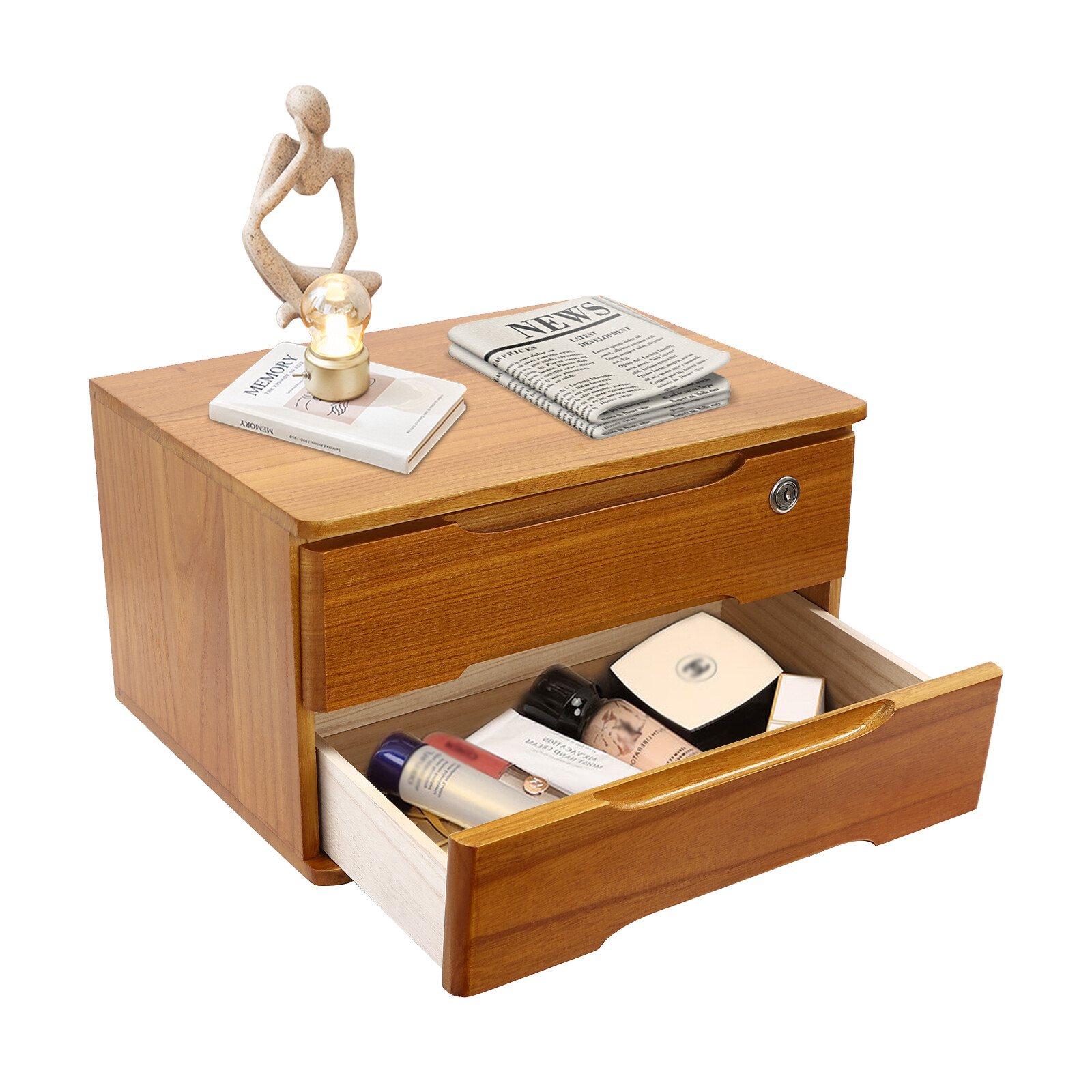 2 Tiers Wooden Tabletop Organizer Box Lockable Desktop Storage Cabinet w/Drawers