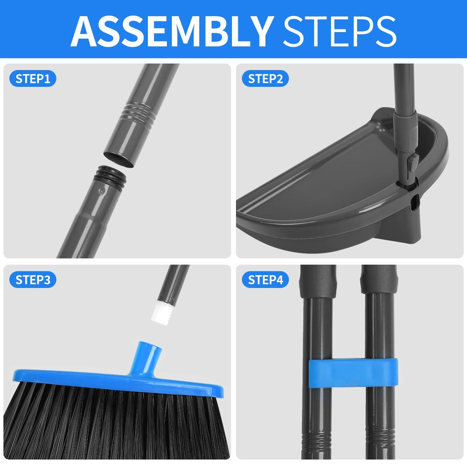 REEWII Broom and Dustpan Set ，Long Handle Broom with Upright Standing Dust pa…