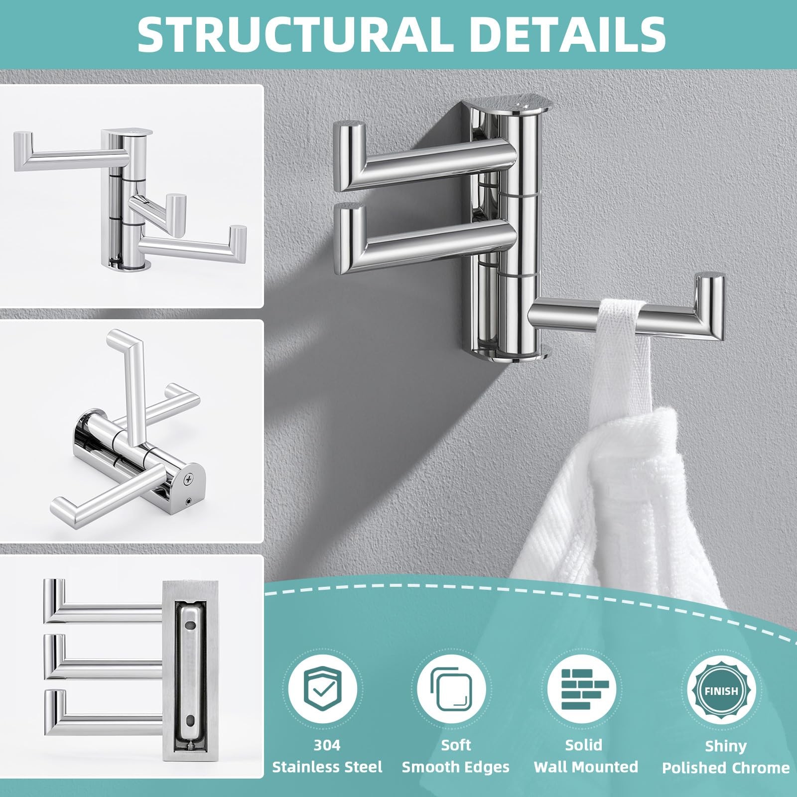 Swivel Towel Hook Polished Chrome 304 Stainless Steel Triple Robe Hook With Mult