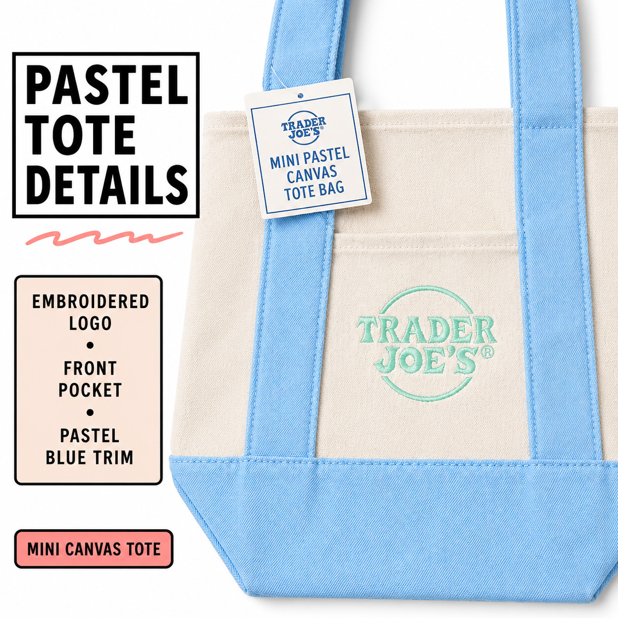 Mini Pastel Canvas Tote Bag – Embroidered Trader Joe’s Logo, Small Tote