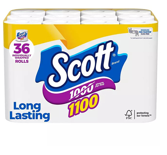 Scott 1100 1-Ply Toilet Paper 36 rolls, 1100 sheets/roll – FREE shipping