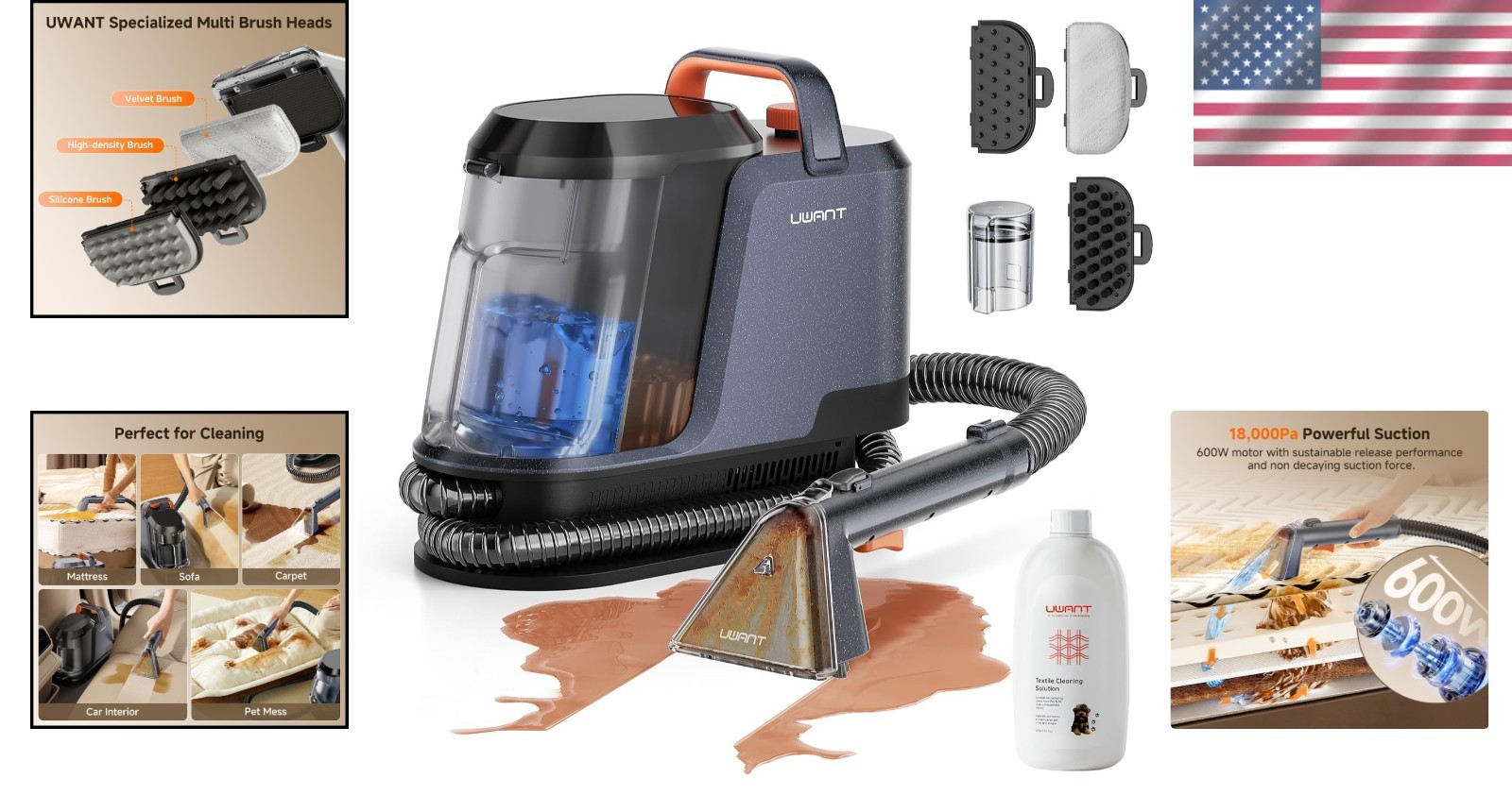 Powerful Carpet Cleaner 18Kpa Spot Machine 2.4L Tank for Cars Couch Upholstery