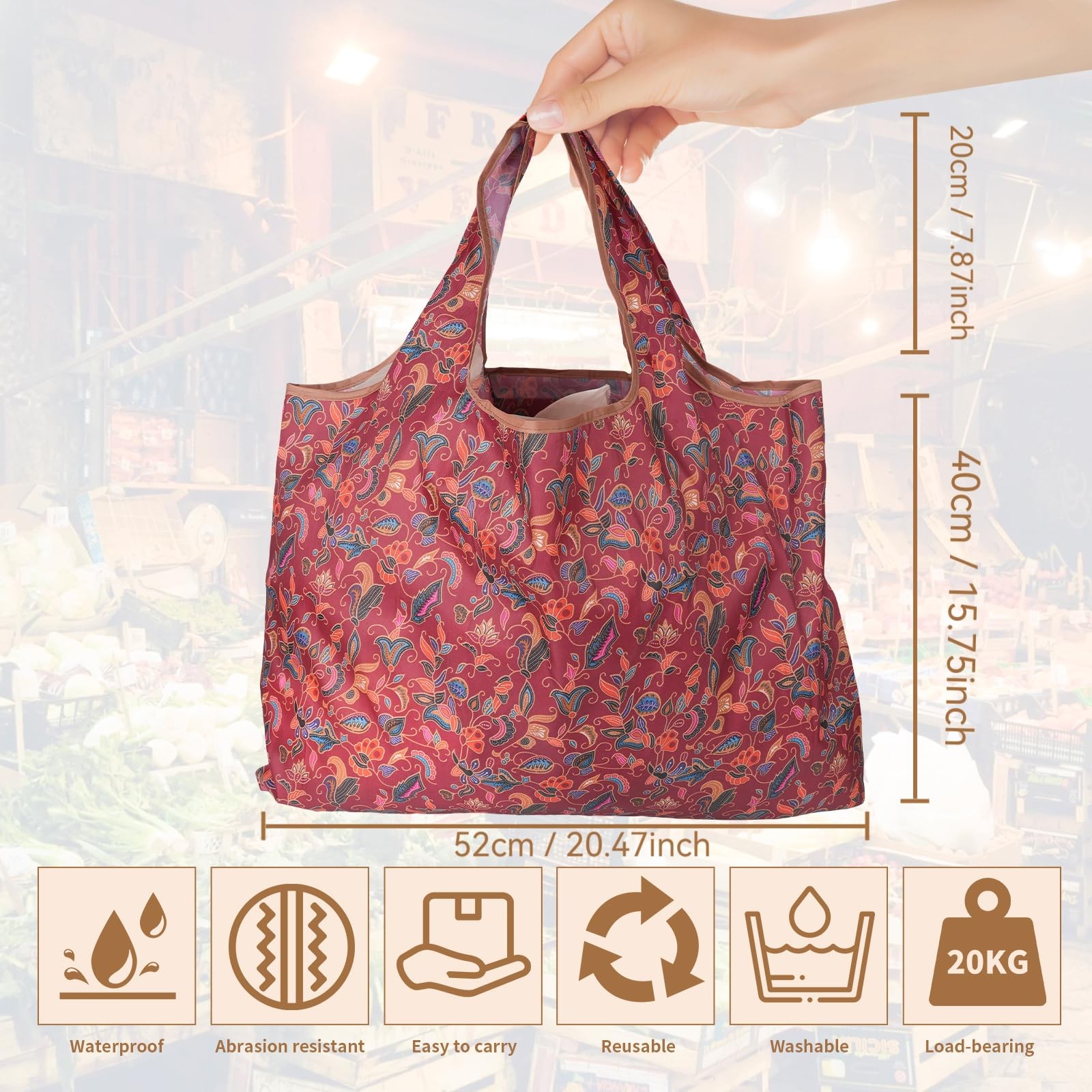 3 PCS Extra Large Foldable Grocery Bags 22×15 Inch Shopping Totes Holds 44lb