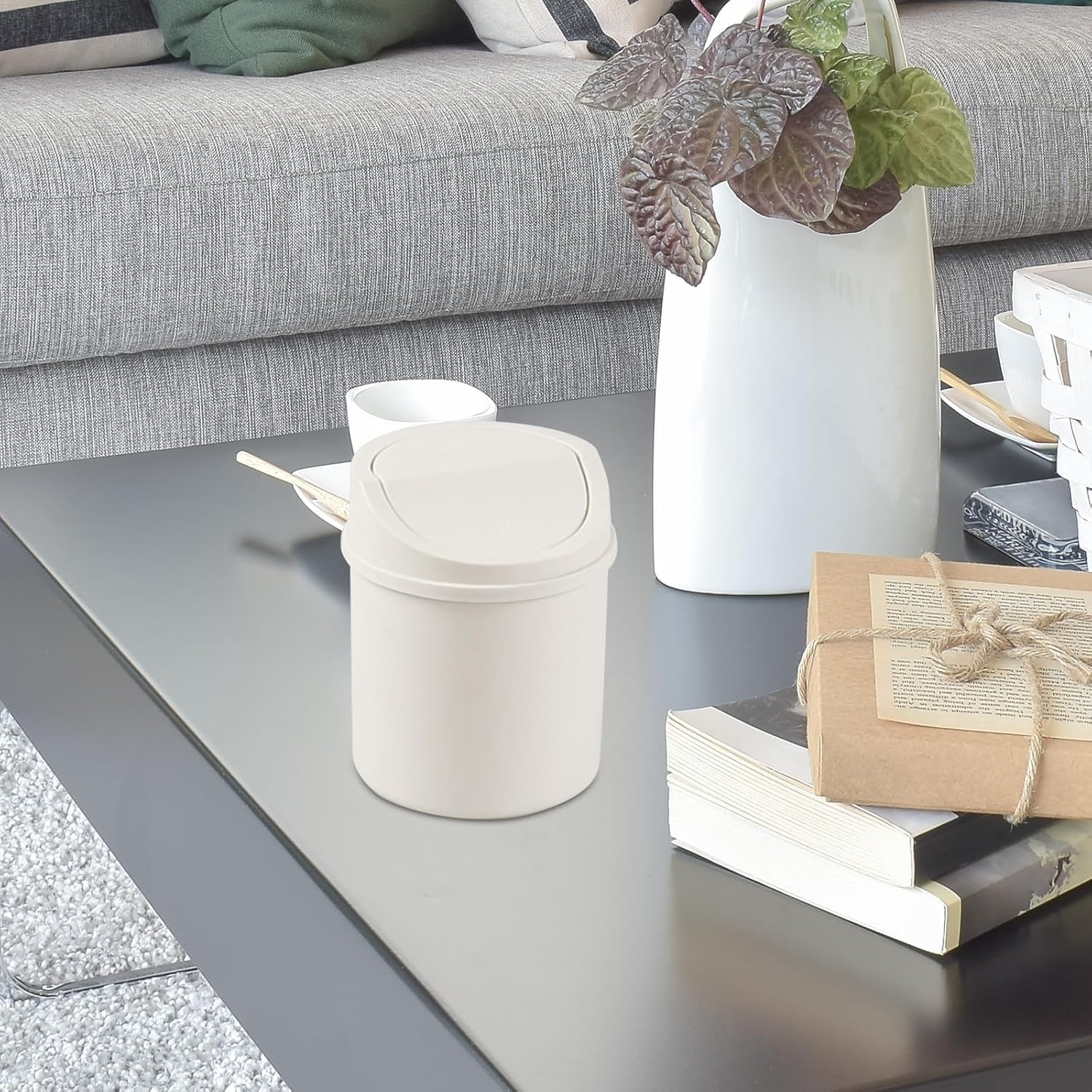 0.7 Gallon Plastic Mini Desk Trash Can with Swing- Lid, White | Tiny Garbage