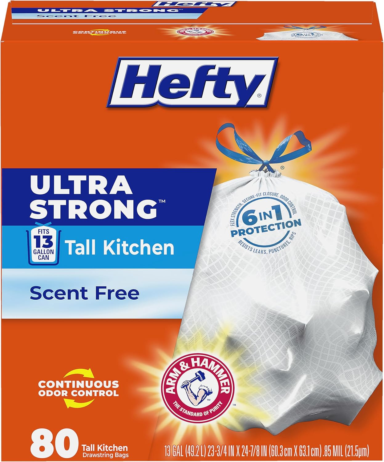 Hefty Ultra Strong 13 Gal Kitchen Trash Bags, White, Unscented, 80Ct | 13G Tall