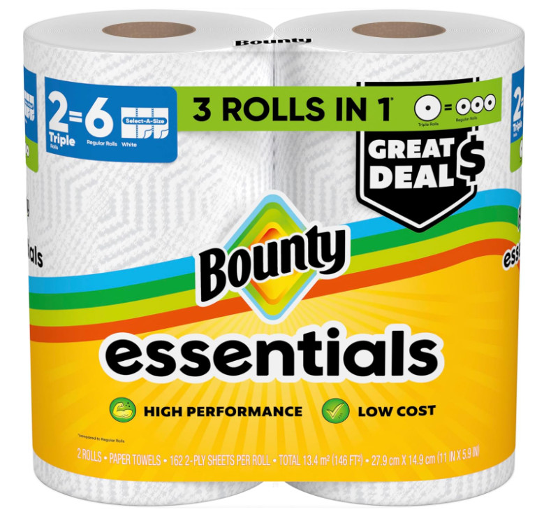 Bounty Essentials Select-A-Size Paper Towels, White, 2 Triple Rolls = 6 Regular