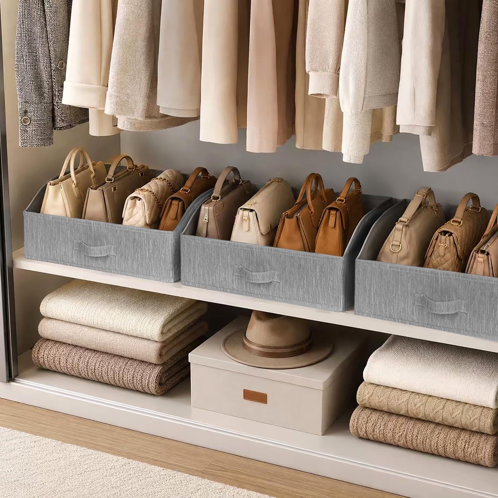 Trapezoid Storage Bins Closet Organizers Fabric Bins Handles Light Gray
