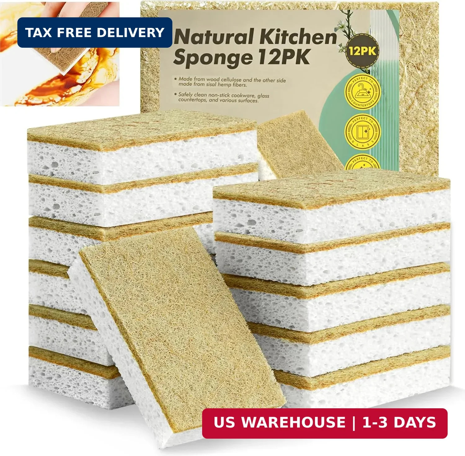 Natural Kitchen Sponges, 12 Pack Eco Biodegradable Compostable Coconut Fiber & C
