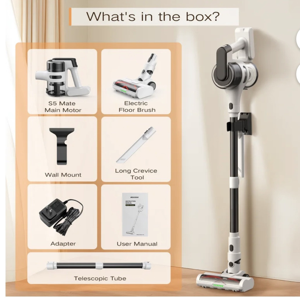 Moosoo Cordless Vacuum Cleaner, 55 mins max runtime, 23KPa Suction S5 Mate