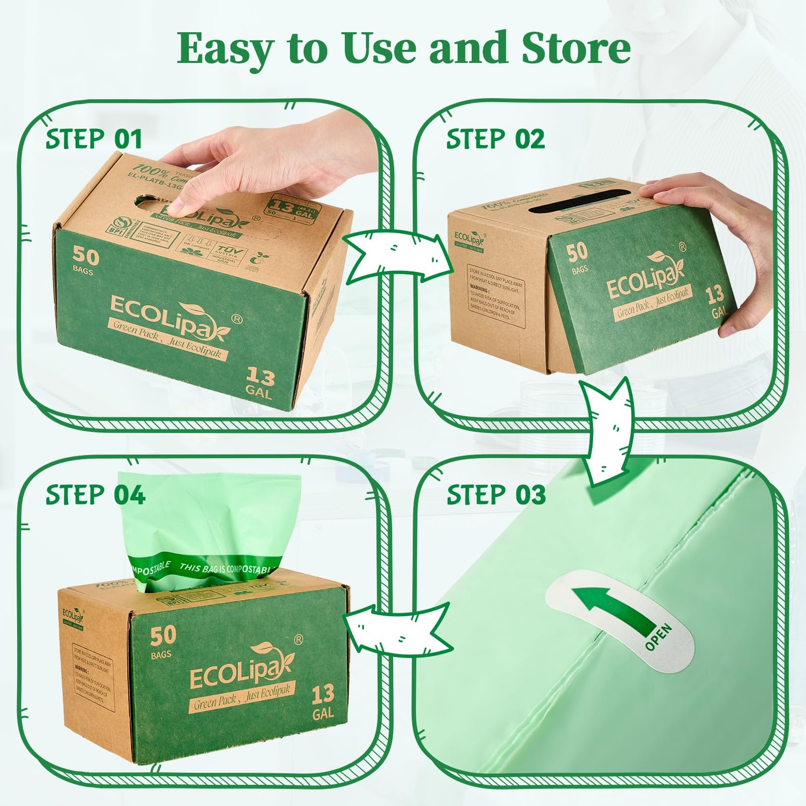 ECOLipak 13 Gallon Compostable Trash 1 Count (Pack of 50), 13gallon-50count