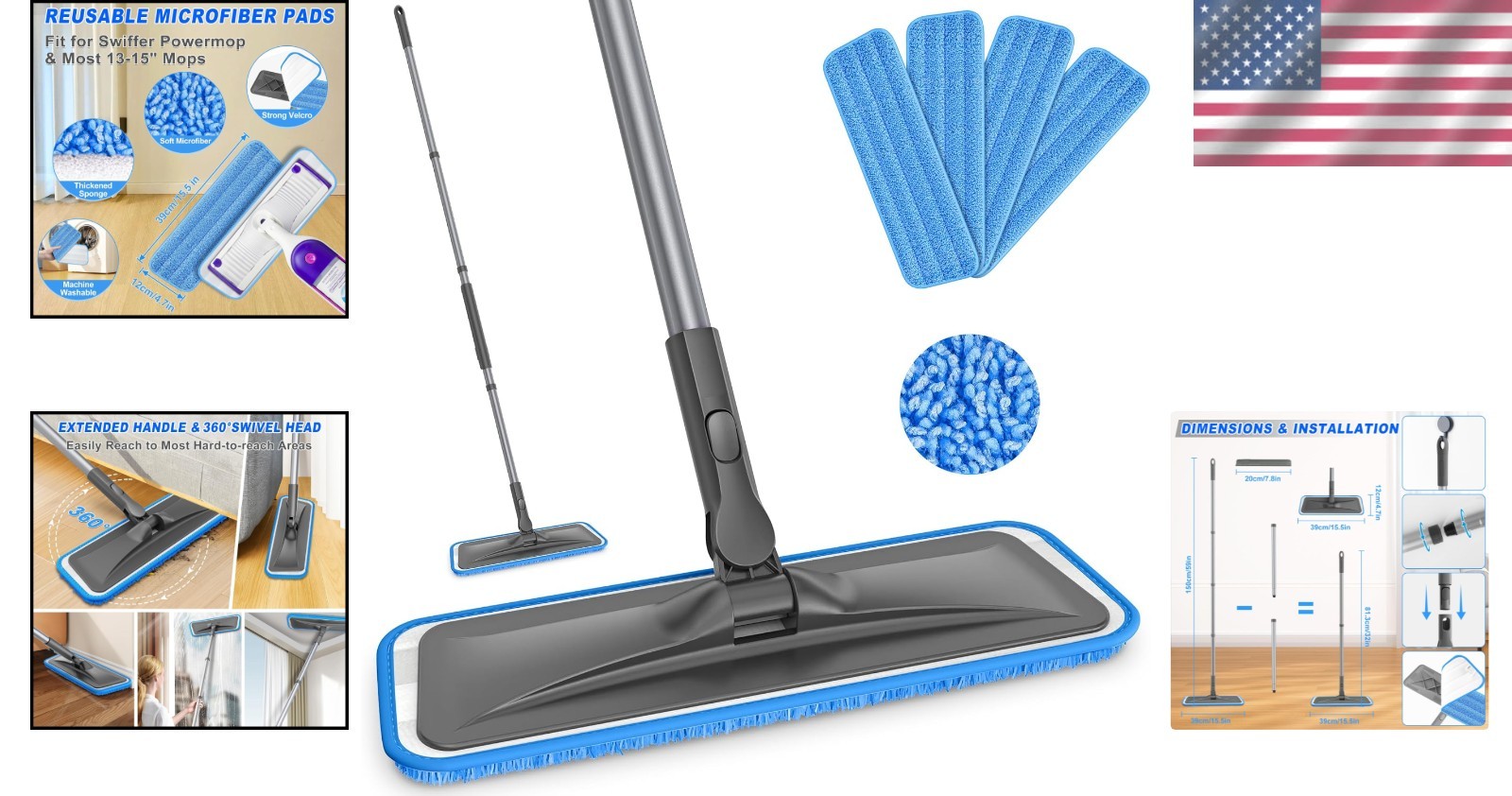 Microfiber Floor Mop Flat Cleaning Tool with 4 Washable Pads Adjustable Handle