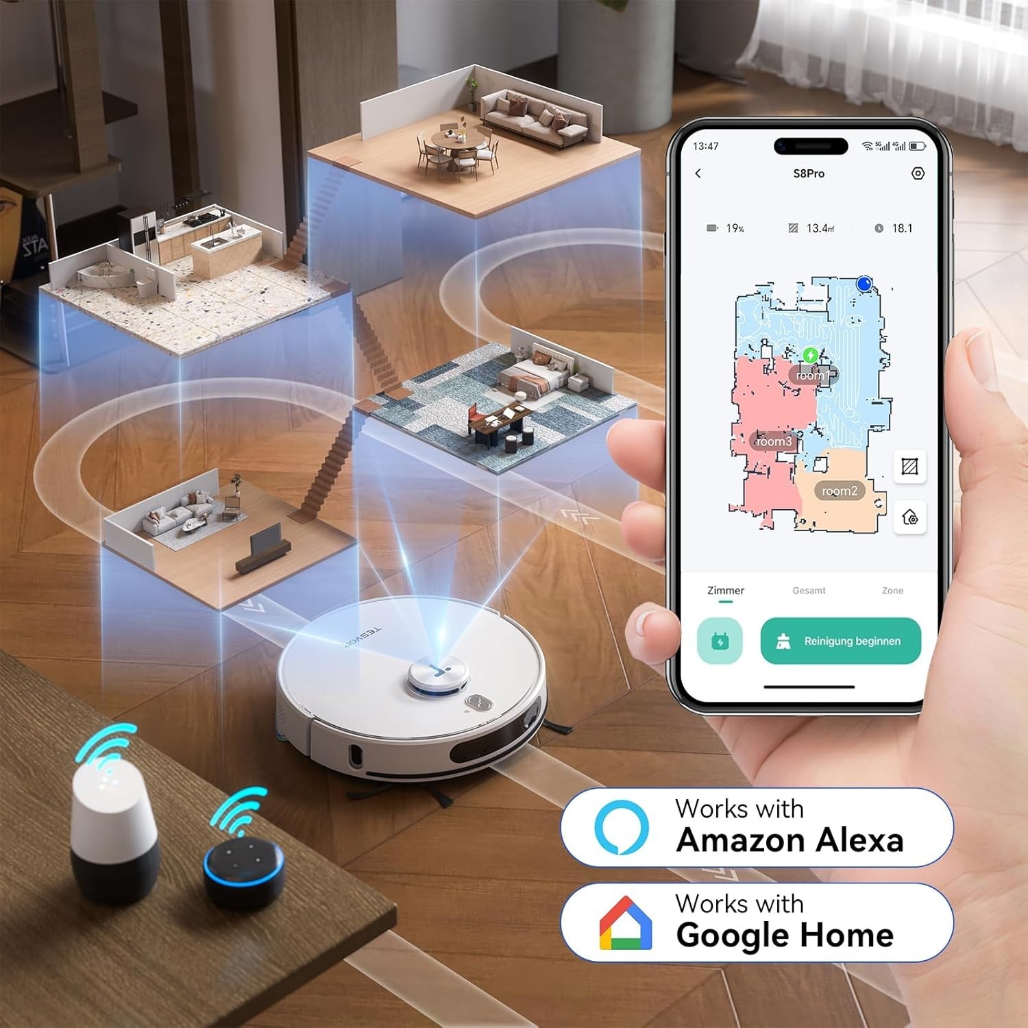 Tesvor S8 Max Robot Vacuum & Mop Self Emptying Station 8000Pa Suction Hard Floor