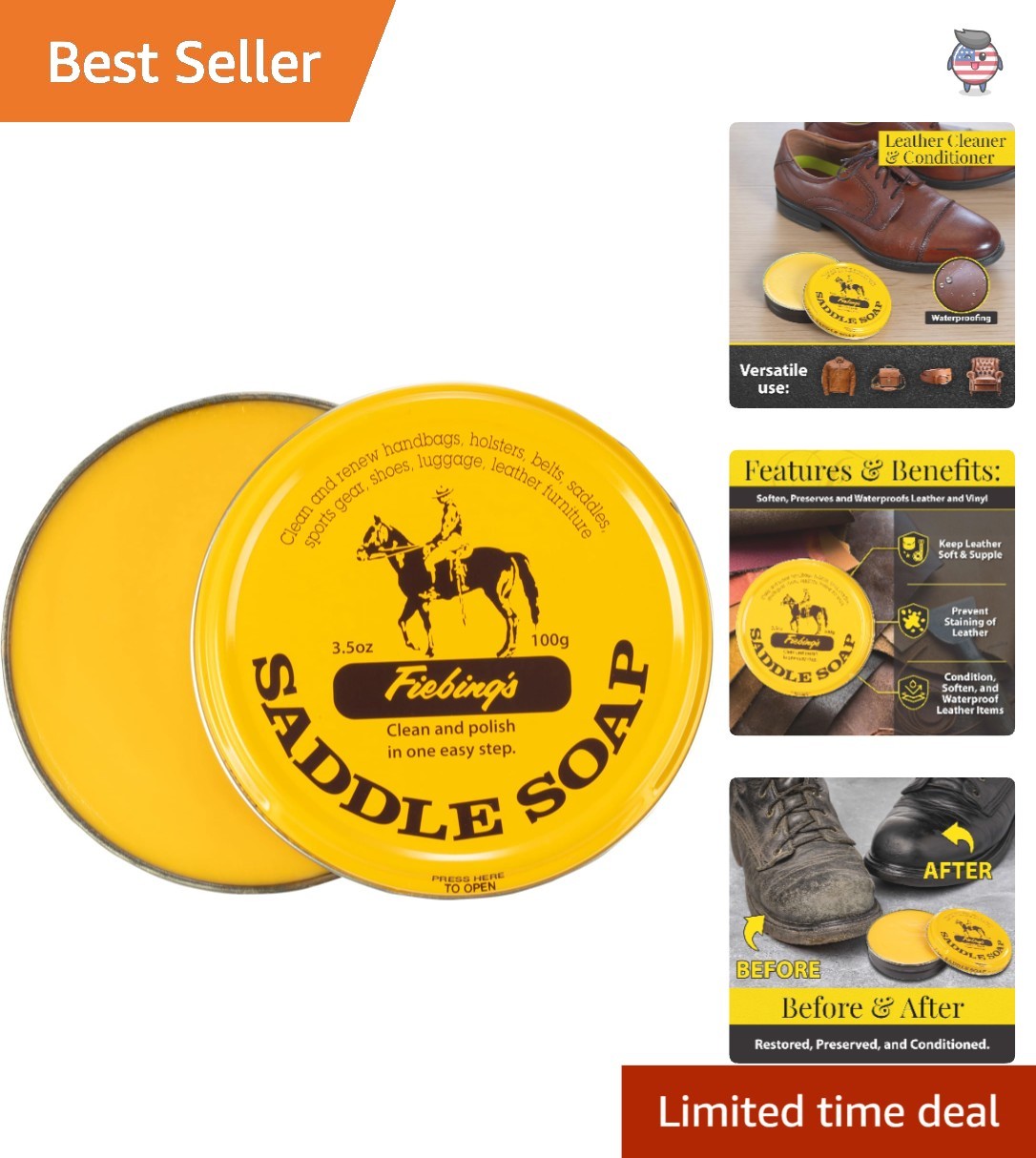 Versatile 3.5 oz Tin of Fiebing’s Saddle Soap – Cleans & Restores Leather Goods