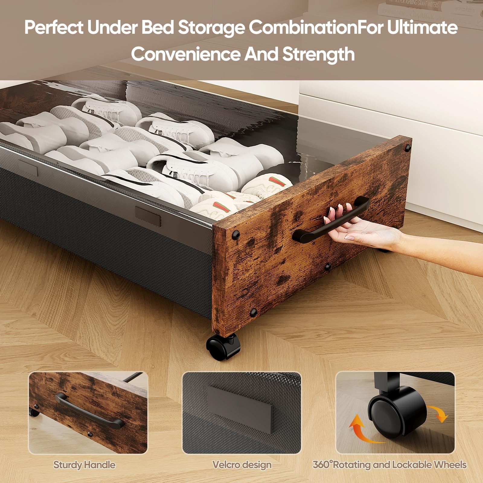 KITHELP Wooden Under Bed Storage with Wheels 80L 2 Pack Removable Lid