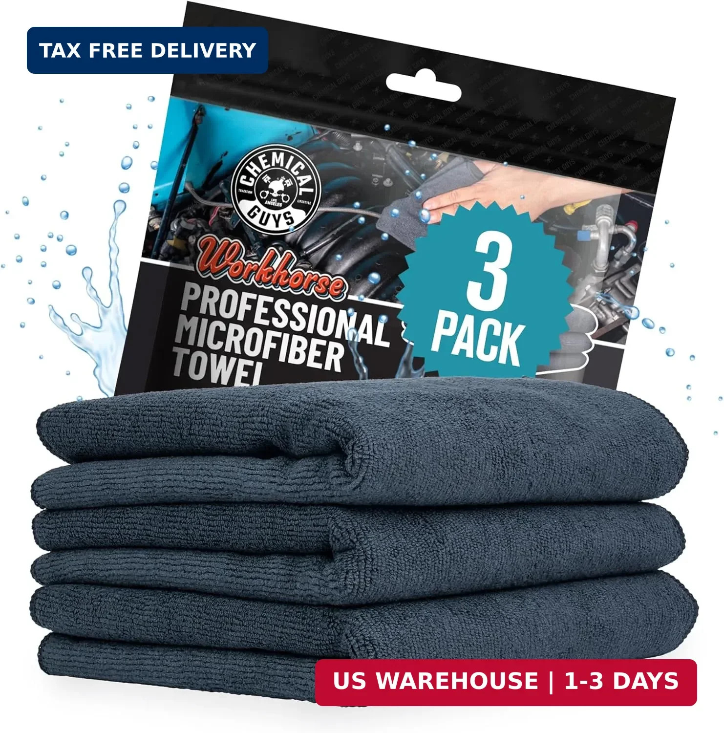 Chemical Guys, Workhorse Plush Microfiber Towels, 16 x 16 in, Black, 3 Pack | Pl