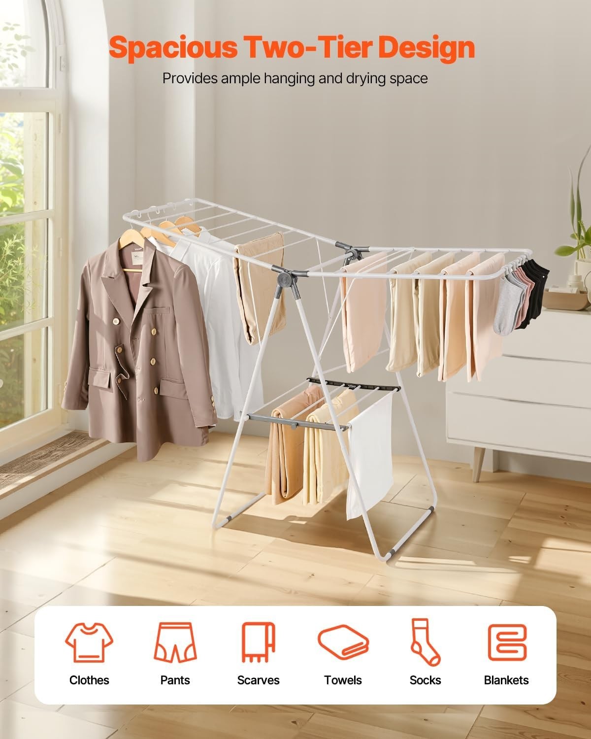 Elegant 2-Tier Foldable Laundry Dryer Rack with Sock Clips – Space-Saving White