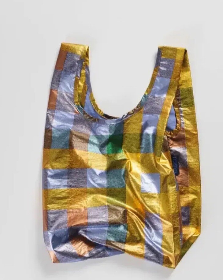 Set Of 2 BAGGU Baby Reusable Bag MADRAS METALLIC Plaid Purple Gold Tote NWT