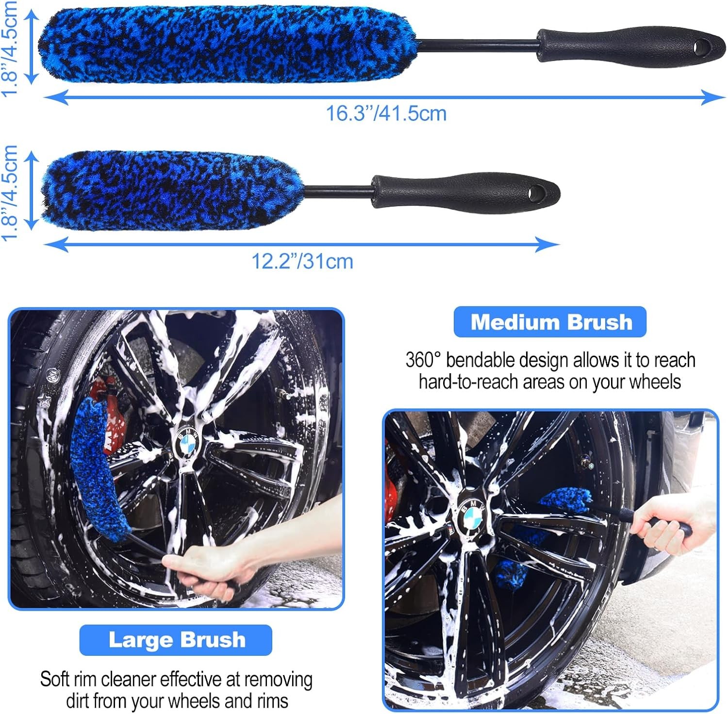 3PCS Wheel Brush Kit for Cleaning Wheel and Tire, Wheel and Rim Brush, Car