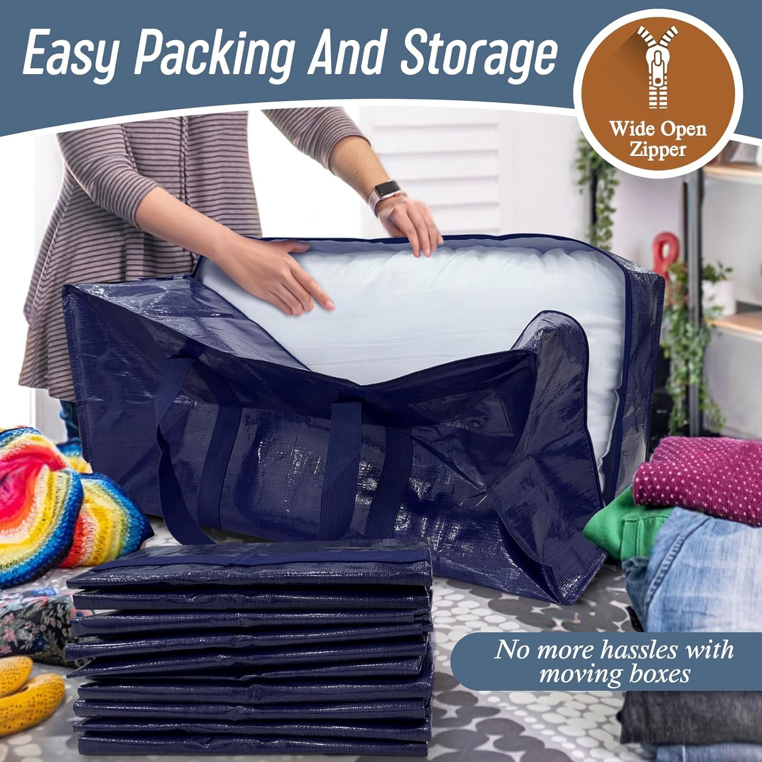 6 Pack Extra Heavy Duty Large Moving Bags with Strong Zipper & Comfortable Hand