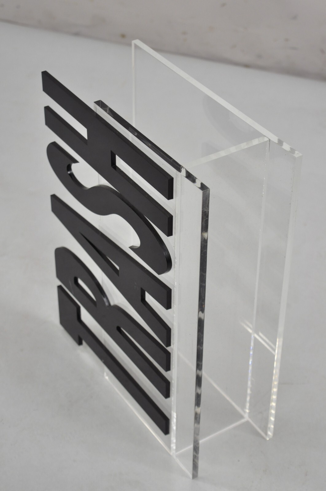 Vintage Mid Century Modern Pop Art “Trash” Lucite Acrylic Magazine Rack Stand