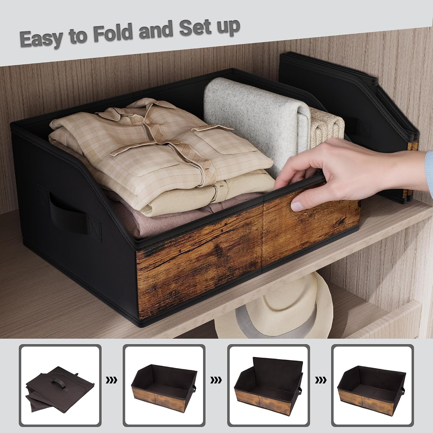 Trapezoid Closet Storage Bins 6 Pack with Handles & Labels – Rustic Brown/Black