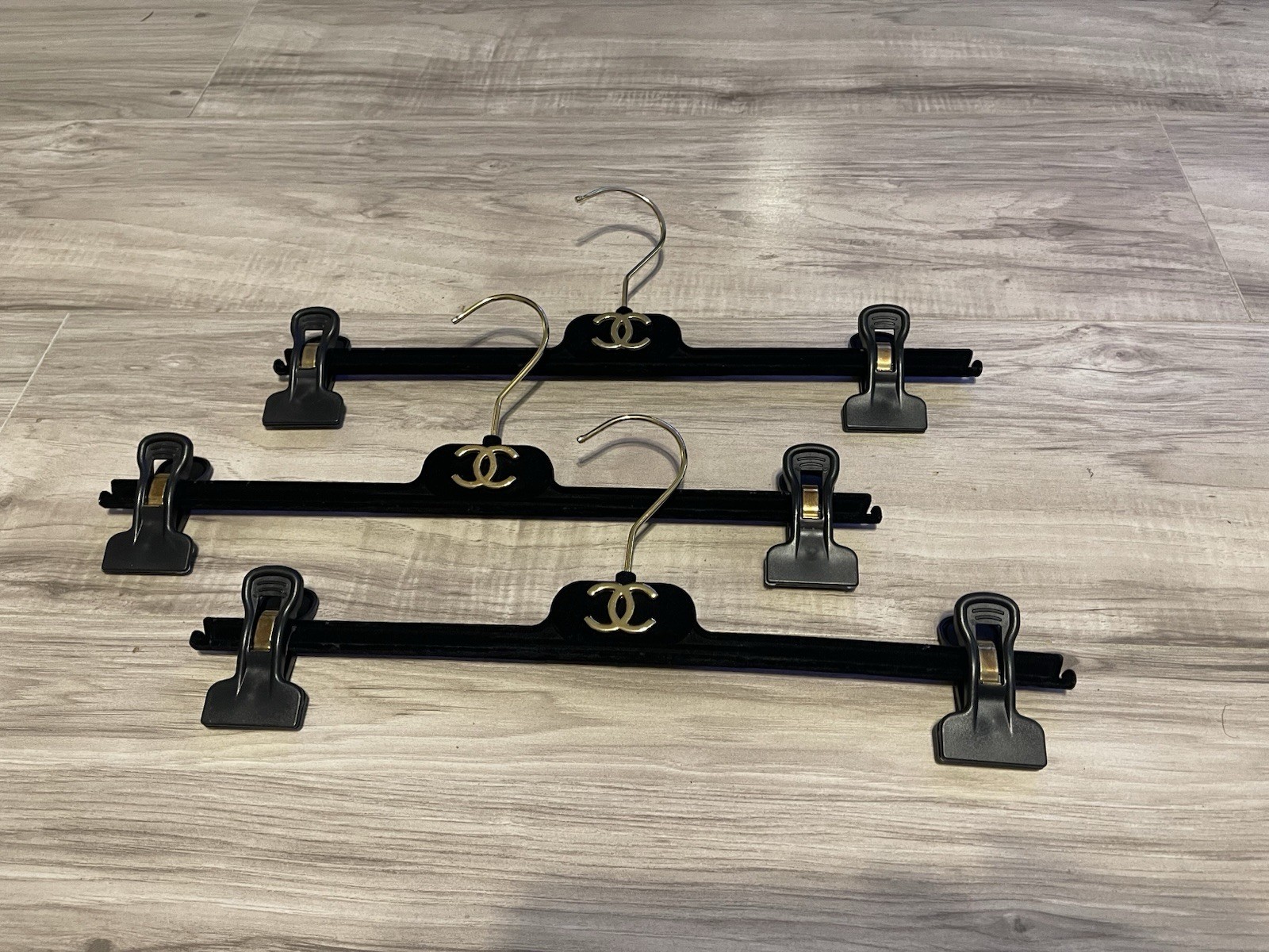 CHANEL Black Pants Hangers w/ Clips Set of 3 Plastic/Metal 14 in