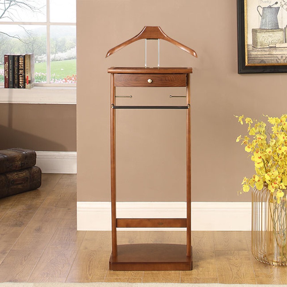 Wooden Valet Stand with Drawer, Hanger & Shoe Rack, Mens Clothes Organizer