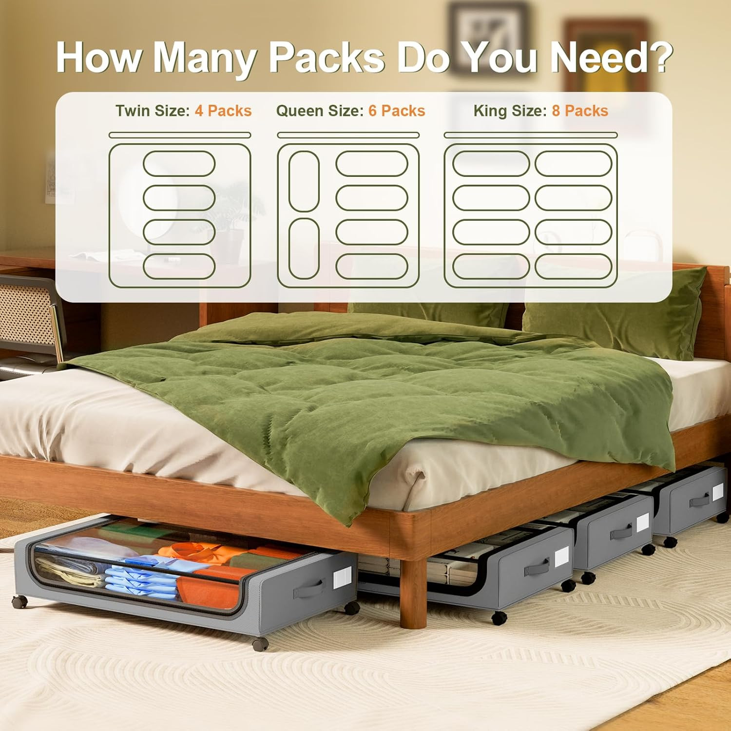 under Bed Storage with Wheels 48L Grey 2-Pack | Rolling Bins for Shoes Clothes i