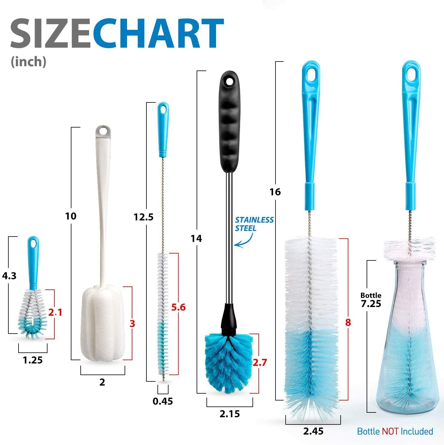 5 Pack Bottle Brush Cleaning Set，Long Handle Bottle Cleaner for Washing Narrow
