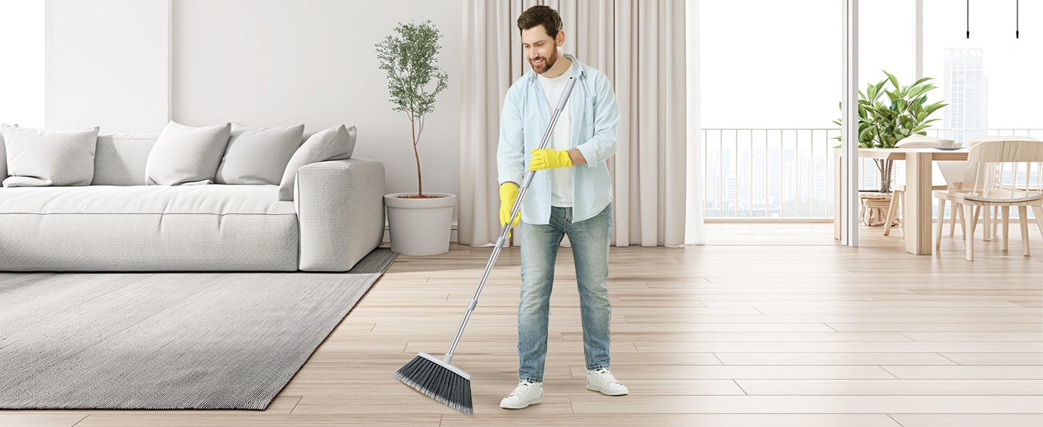 Broom, Outdoor Brooms for Sweeping Indoor, Adjustable 55″ Pet Hair Removal Heavy