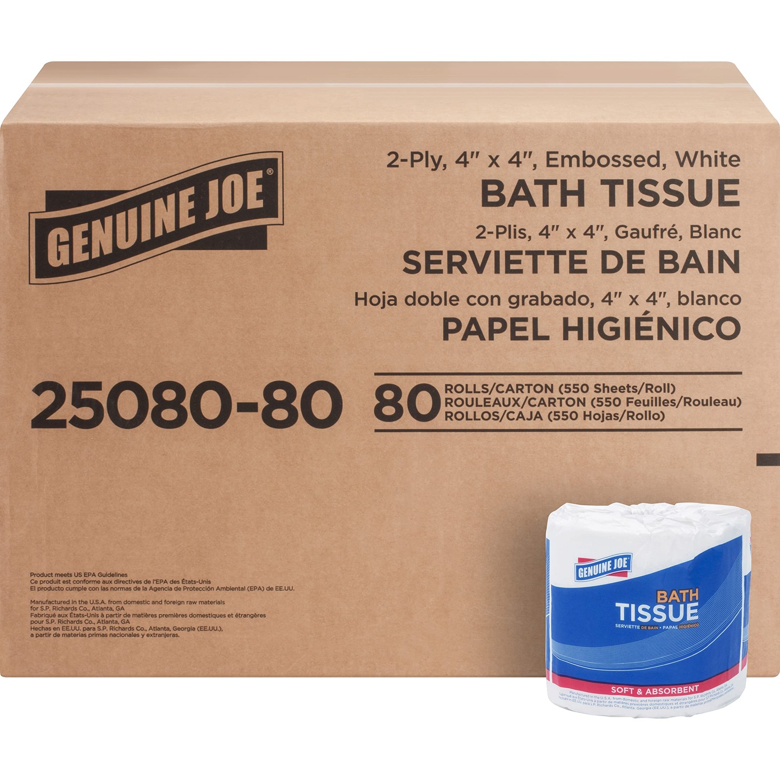 Standard Bath Tissue, 4″ x 4″, 2-Ply, 550 Sheets/Roll, 80 Count