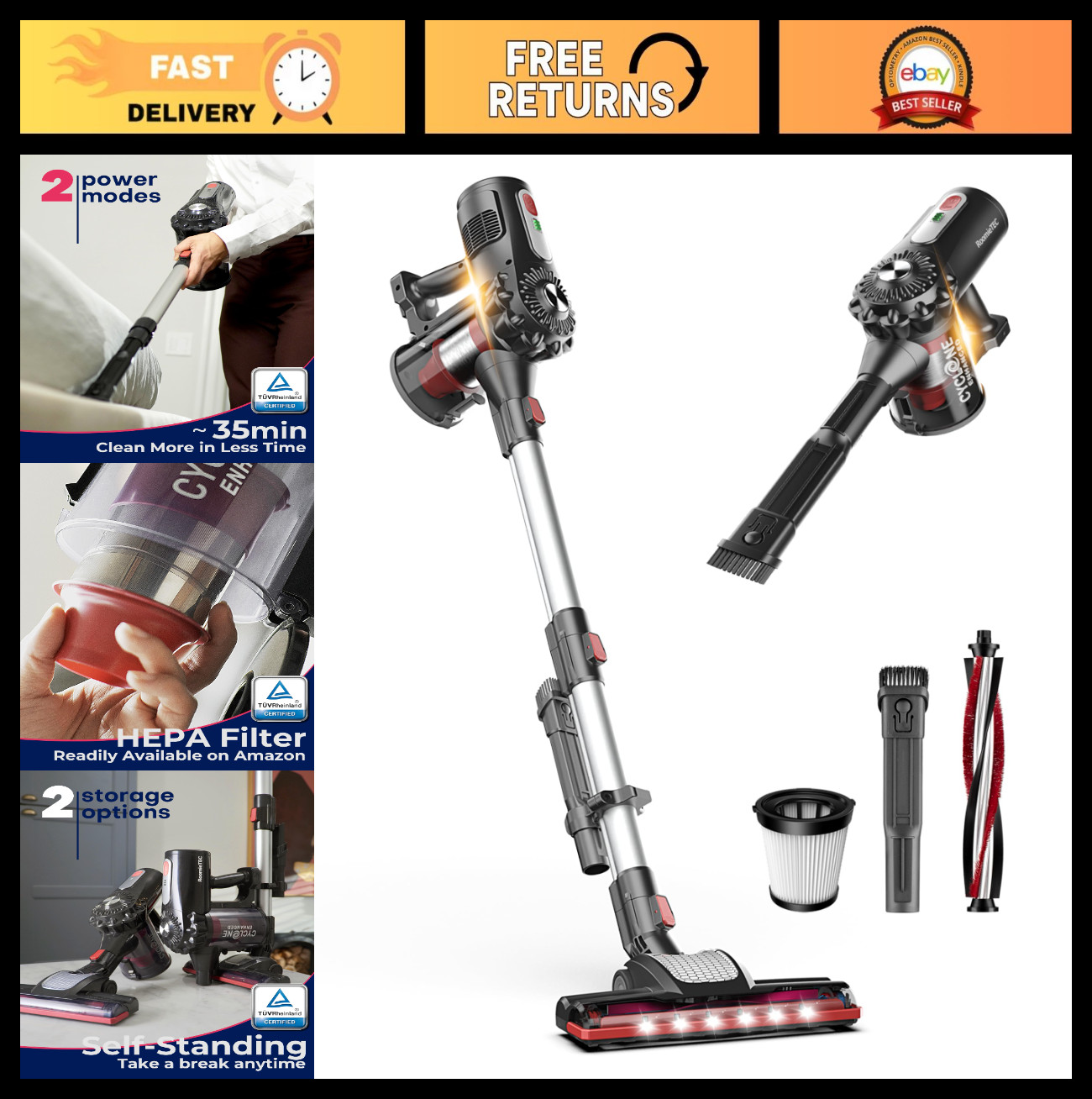 Cordless Stick Vacuum Cleaner – 2200mAh Battery, 35 Min Run Time, High Suction,