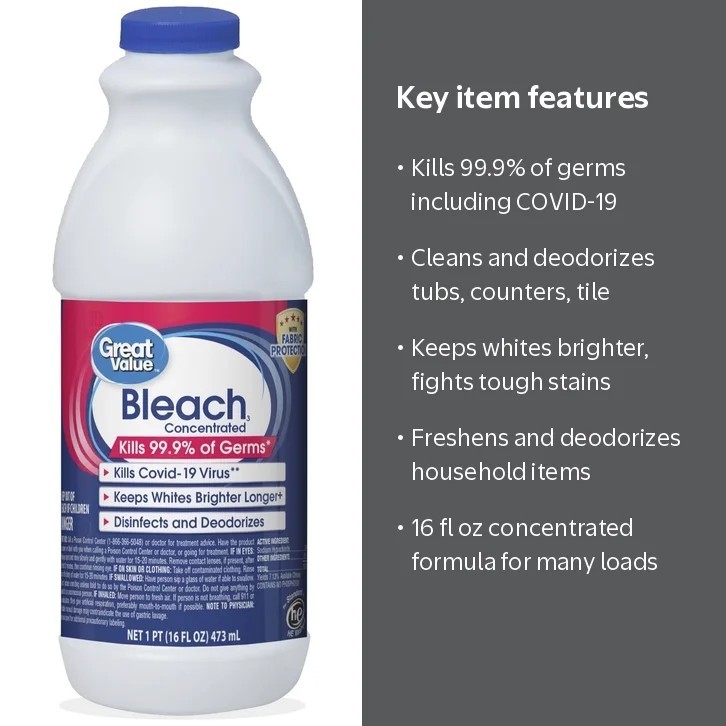 Great Value Concentrated Liquid Bleach Unscented, Kills 99.9% Germs 16 fl oz