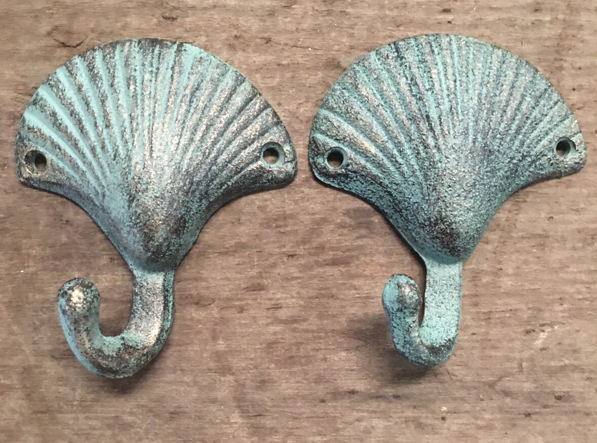 BLUE GREEN SEASHELL BATHROOM KITCHEN HOOKS ocean clam sea shell beach cast iron