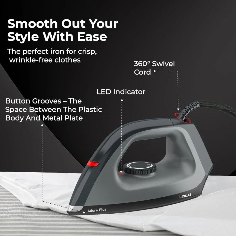 Havells Dry Iron Adore Plus 1100 Watts, Iron Press 360° Swivel Cord Black 220V