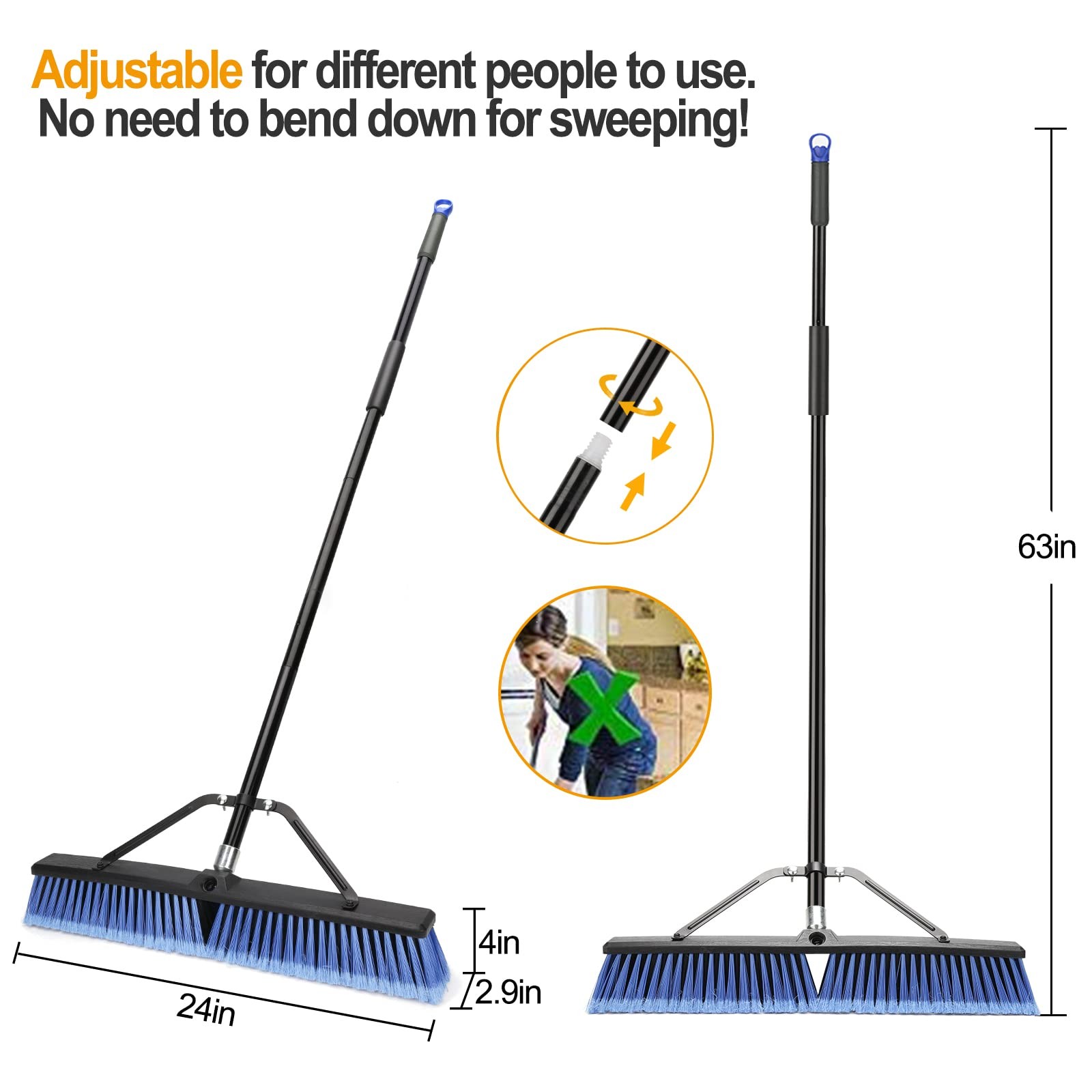 24 Inch Push Broom Outdoor Deck Driveway Garage Yard Patio Concrete Floor Blue