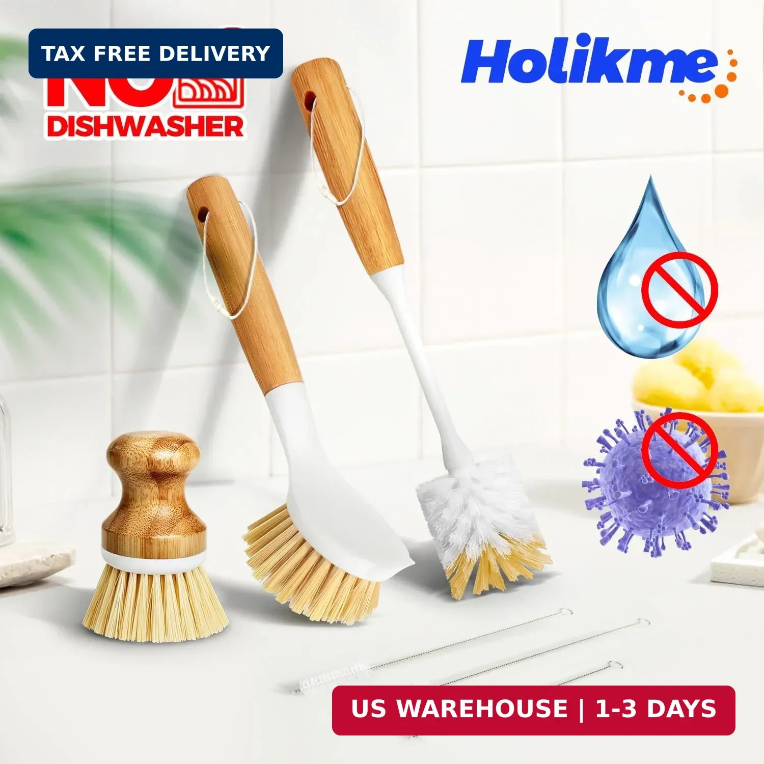 Holikme 6 Pack Dish Brush Scouring Pad Set with Bottle Brush, Dish Brush, Palm S