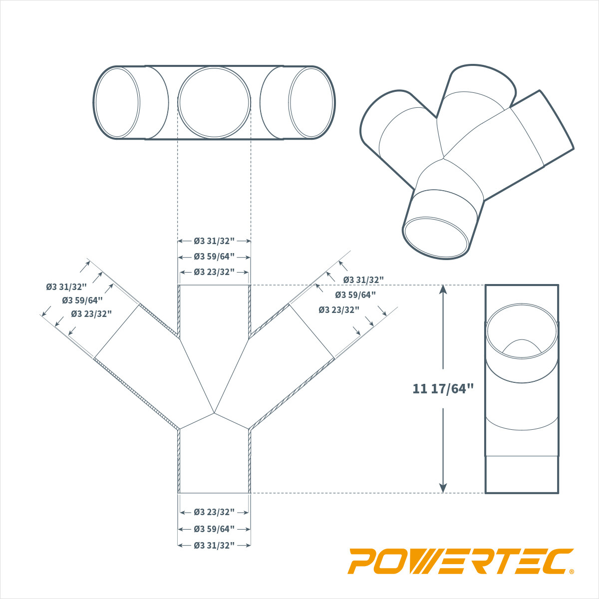 POWERTEC 3-Way Dust Collection Fitting – Y Shaped for 4 inch Hose & Cuff (70275)