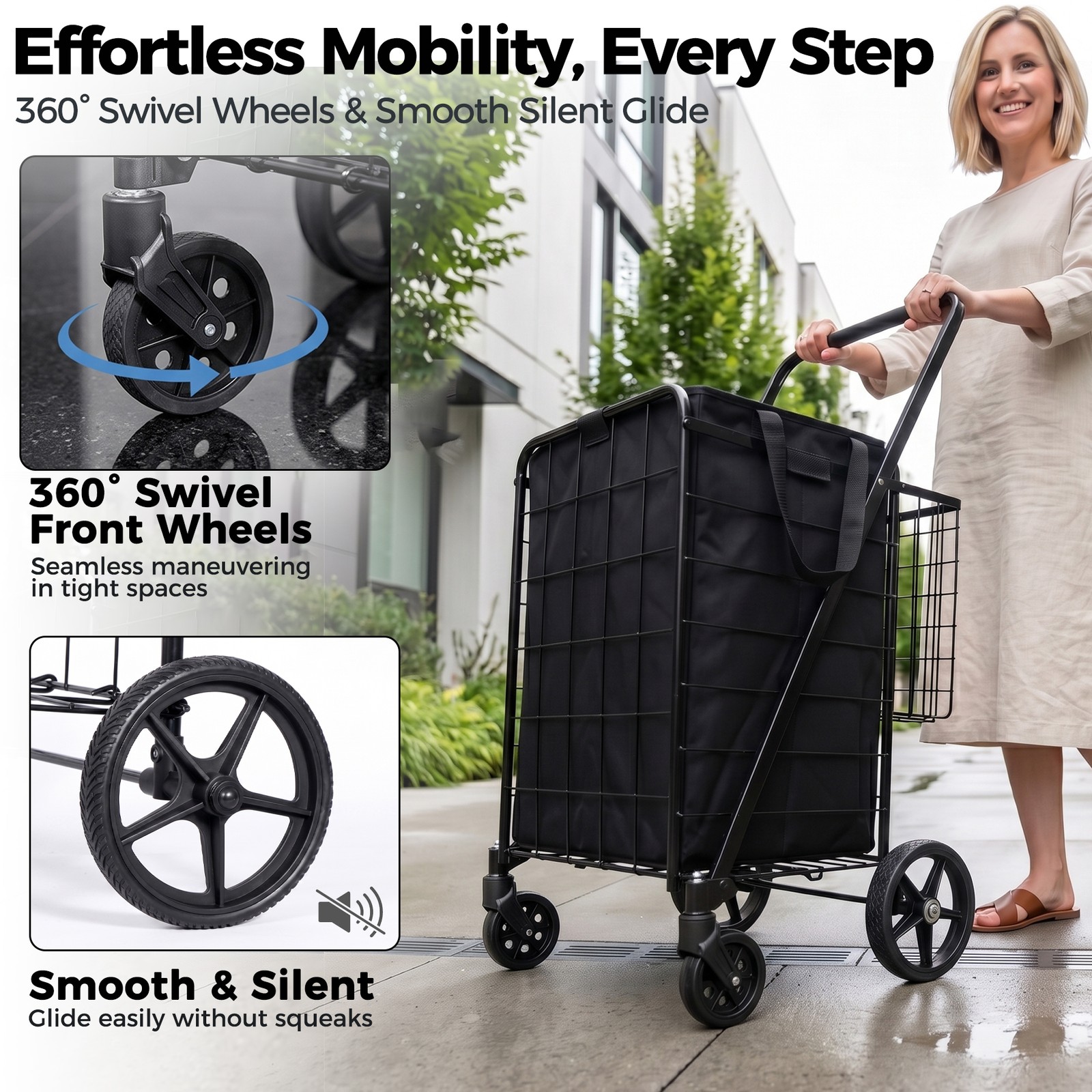 Collapsible Rolling Grocery Cart 88LB Load Capacity w/ Oxford Cloth Liner Black