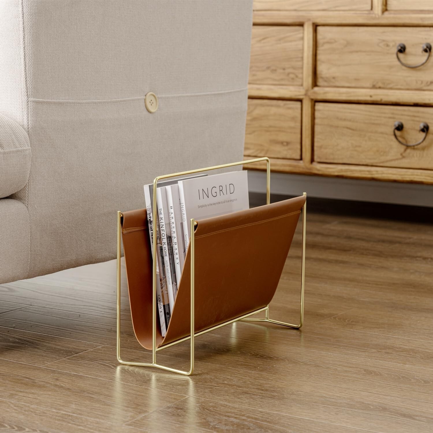 15 inch Caramel Leatherette Magazine Holder, Floor Standing Sling Style Rack