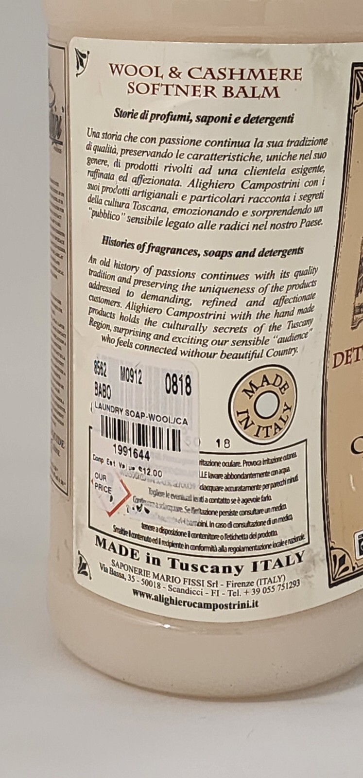 Alighiero Campostrini Cashmere, Wool Delicates Shampoo Detergent 33oz Made Italy