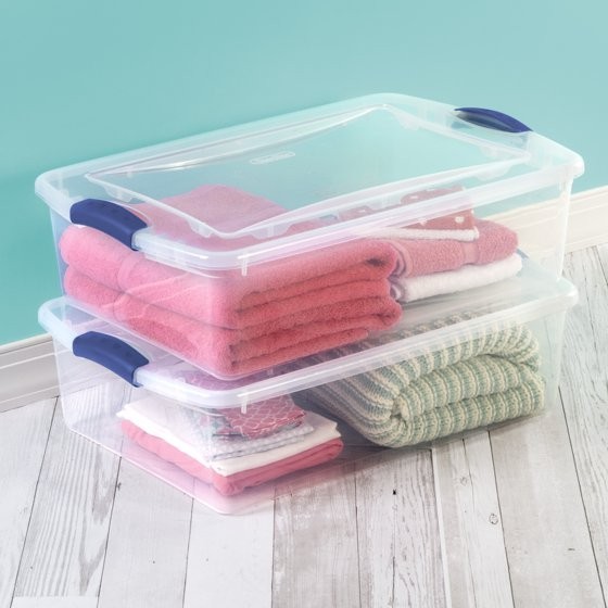 Sterilite 32 Quart Latch Box, Clear Plastic Storage Bin with Lid, Blue Latch