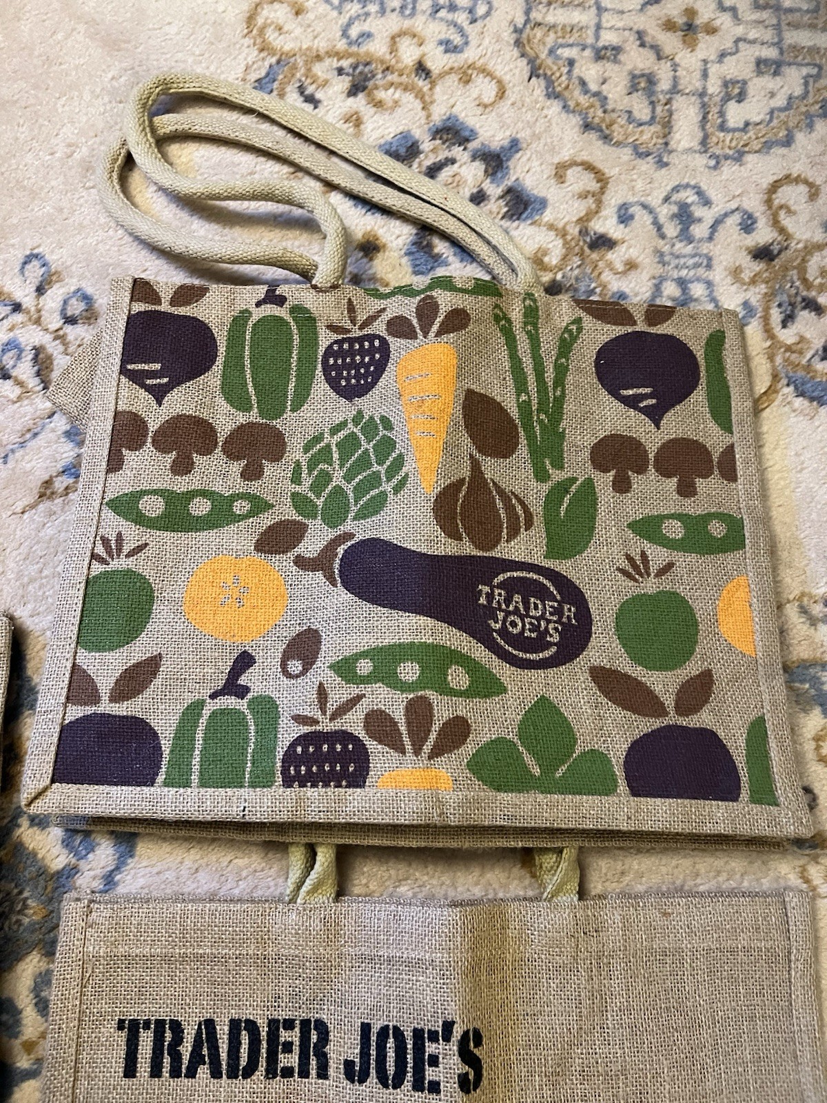 3 Trader Joe’s Jute Burlap Expand Tote Bag Vegetables Eggplant Yes Nautical Flag