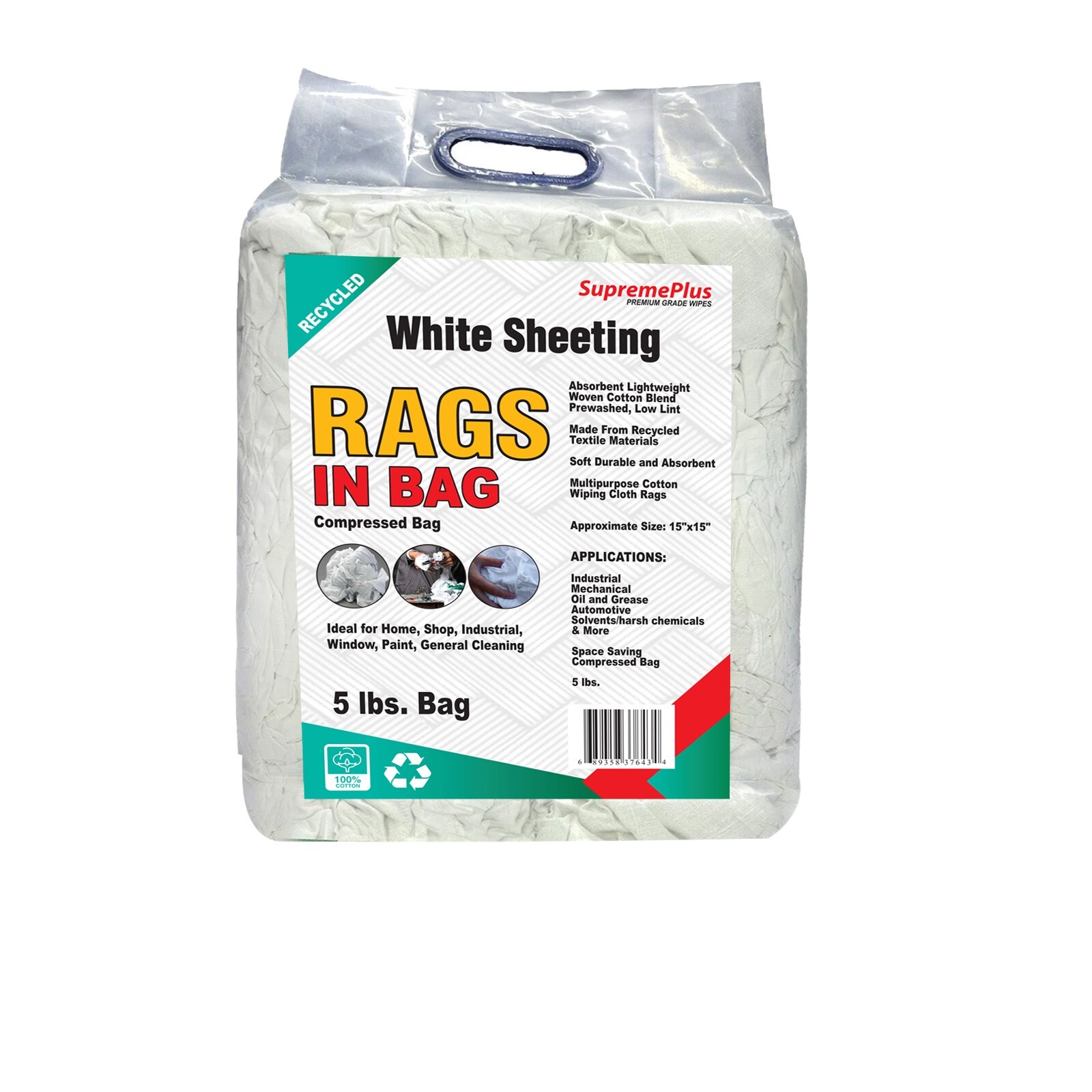 White Sheeting Rags – 15×15″ Bulk Cotton Cleaning Cloths for Shop – Bags