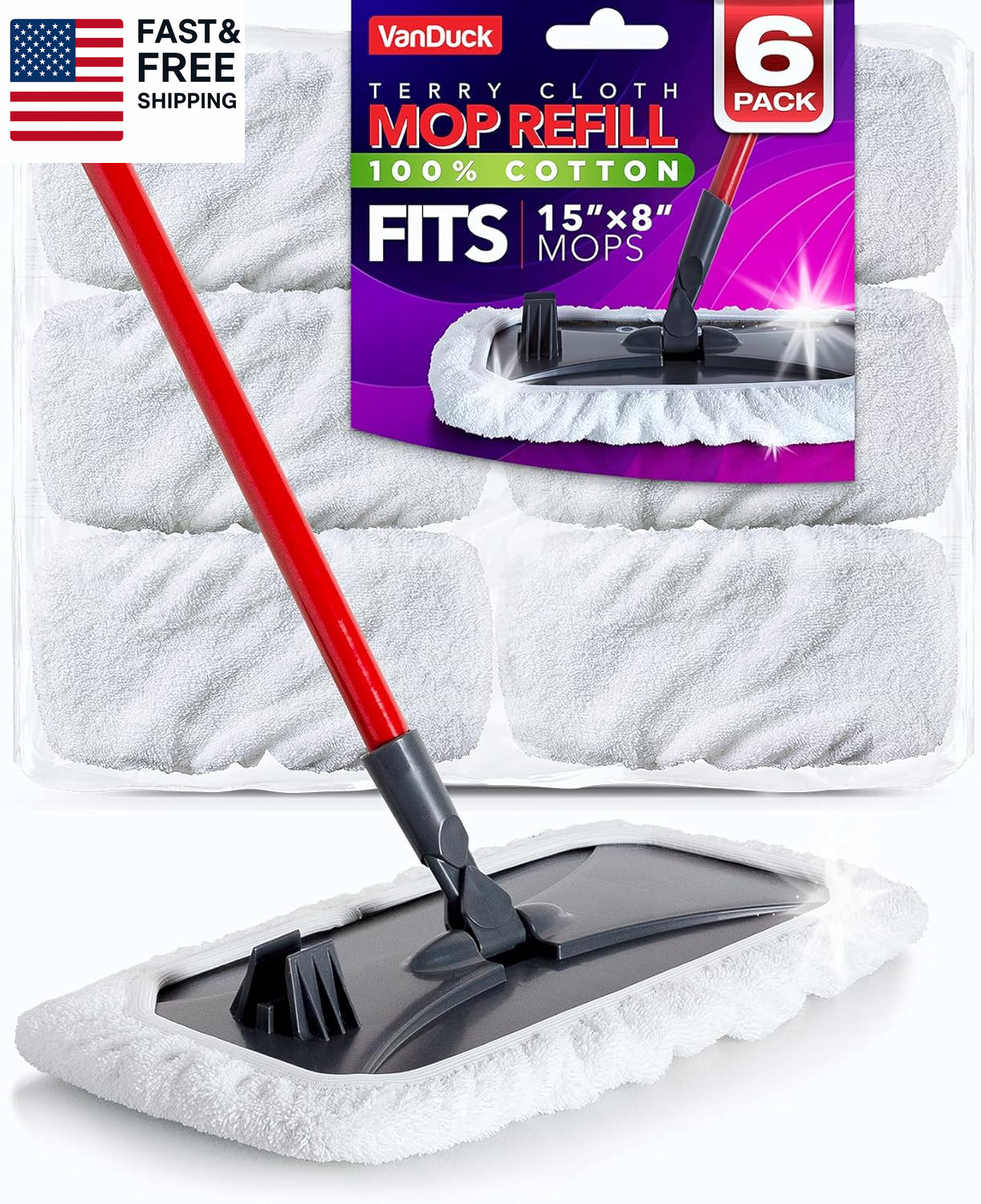 100% Cotton Terry Cloth Mop Pads 15X8 Inch 6-Pack (Handle Is Not Included)