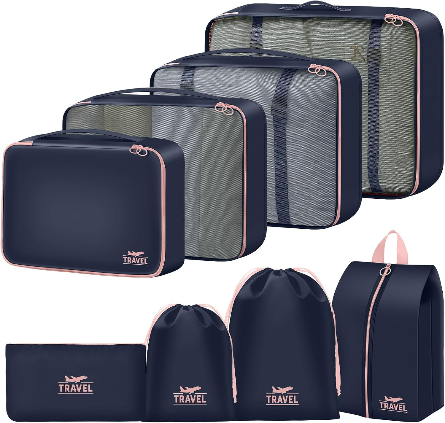 Travel Packing Cubes Set 8PCS Mesh Luggage Organizer Bags Navy Blue Mesh Design