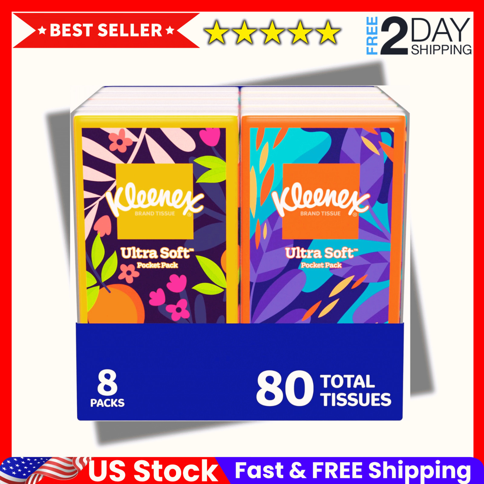 Kleenex Travel Facial Tissues On-The-Go 3-Ply 8 Packs x 10 (80 Total) Ultra Abso